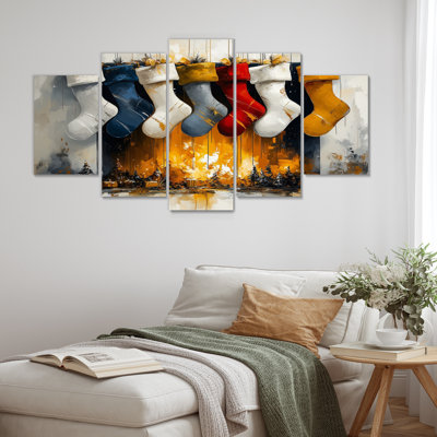 Red Christmas Stockings By The Fireplace II - Christmas Wall Art Set