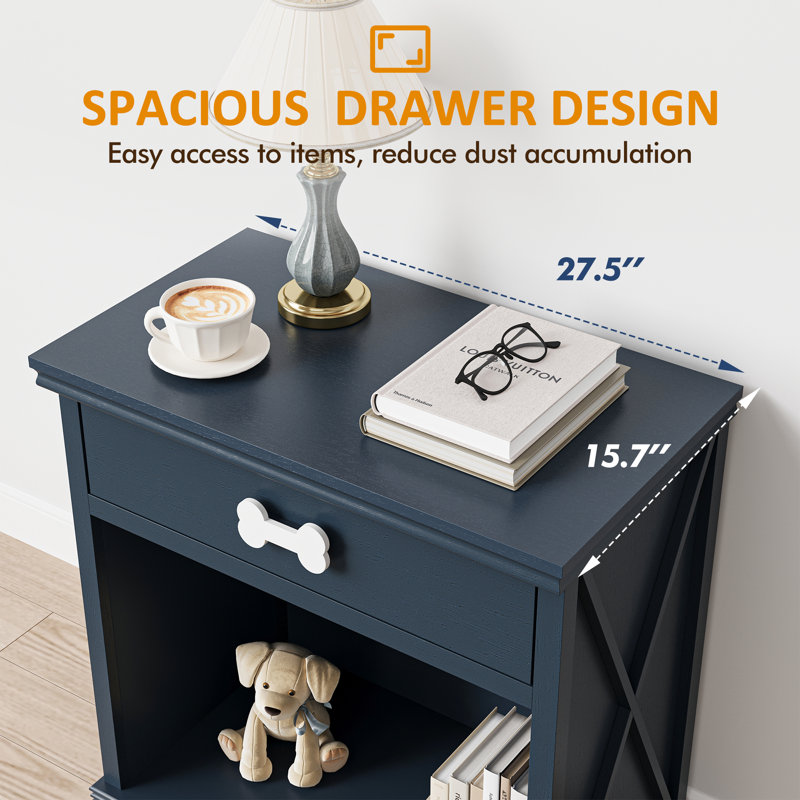 Vintage Small Storage Cabinet With Led Light And Pet Bed, Hidden Cat Litter Box With Drawer And Semi-open Space 