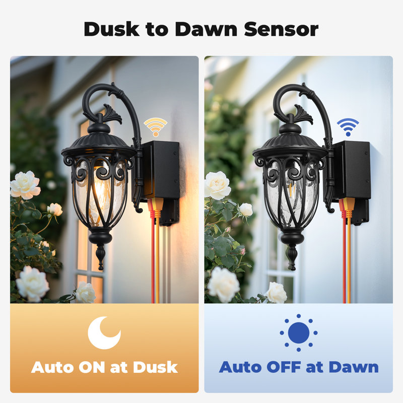 Black Dusk to Dawn Outdoor Wall Light Lanterns with GFCI Outlet, Matte Black
