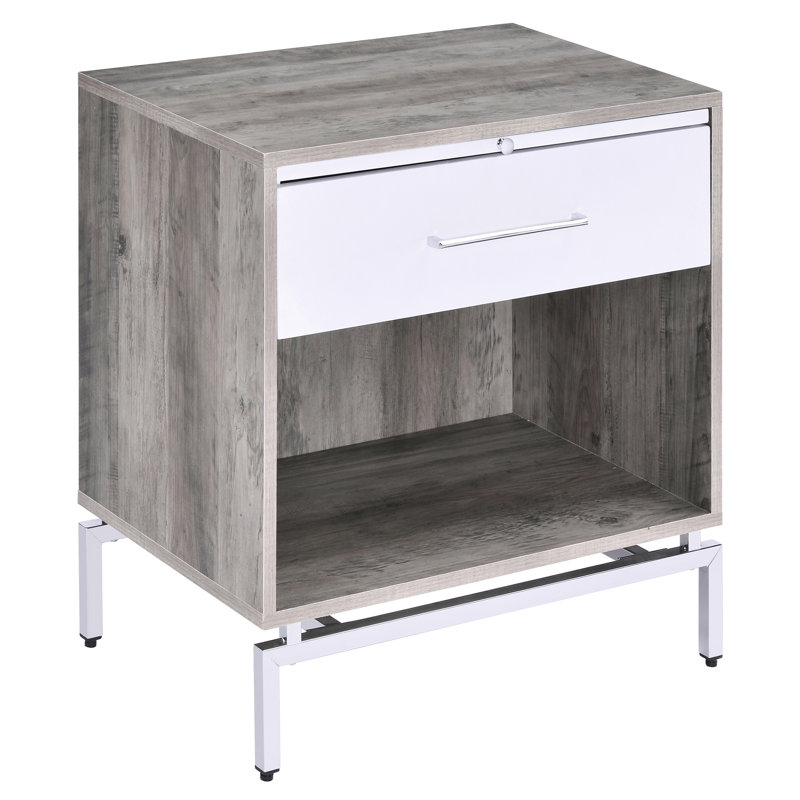 Table en chêne gris vieilli et blanc patiné avec tiroir ouvert pratique et décoration pour la décoration intérieure