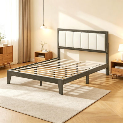 Wooden Bed Frame,Stylish Low-Profile Bed Base,Bed Frame with Upholstered Headboard(Only Bed Frame)