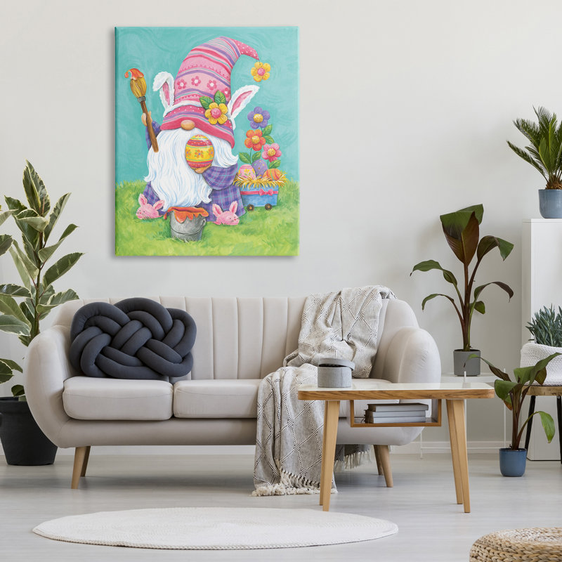 Gnome fantaisiste, peinture, œufs de Pâques, fleurs festives, giclée noire, art texturé par Diane Kater, Toile tendue