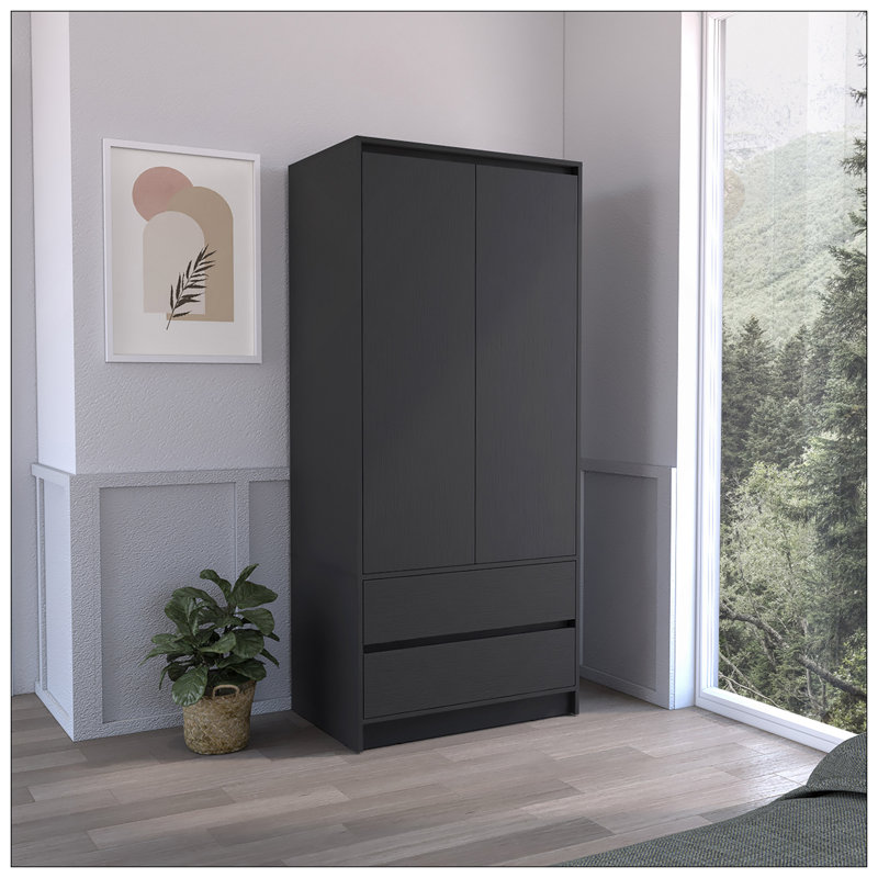 Armoire, garde-robe avec deux tiroirs, tringle, noir, Noir