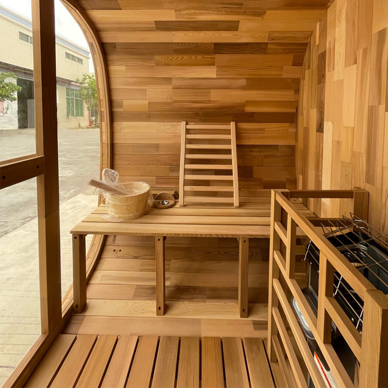 2-4 Person Patchwork Red Cedar Outdoor Traditional Steam Sauna With Tinted Tempered Glass Panels, Weather-Resistant Asphalt Shingle Roof, And Rustic Solid Wood Frame