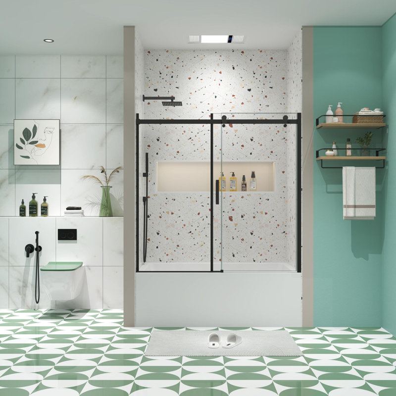 Porte de baignoire à cadre en aluminium l 56 "-60" x H 58 ", Noir mat