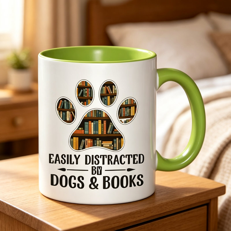 A Ceramic Coffee Mug Featuring a Dog And Book Design, Perfect for Holding Tea, Milk, Or Water.