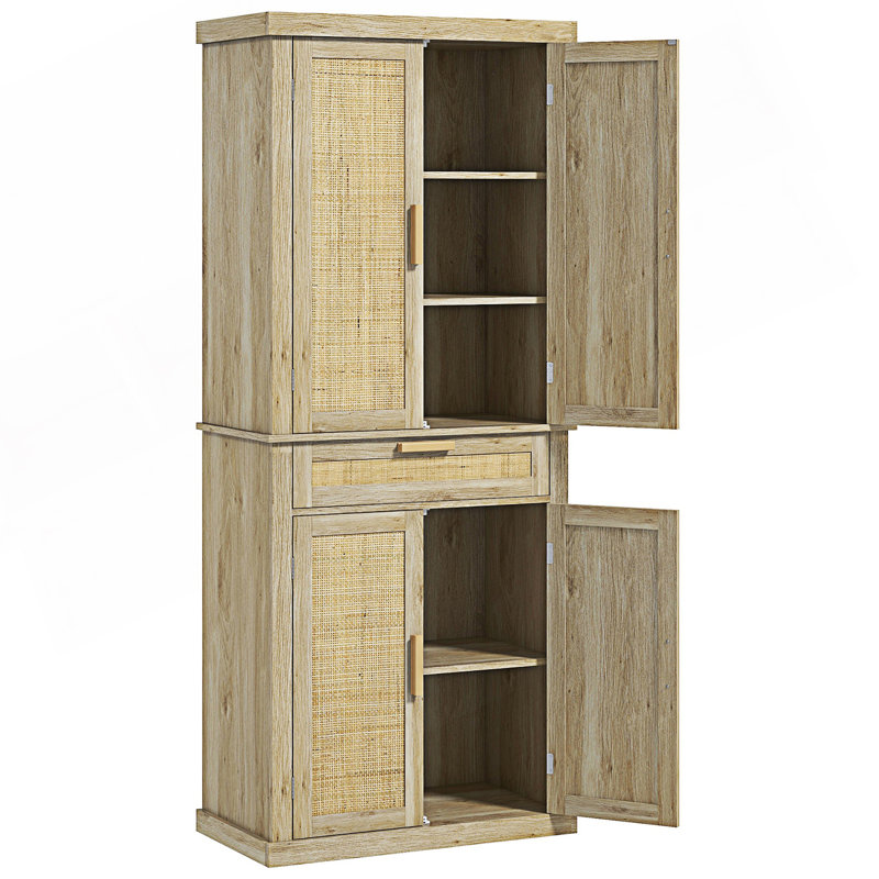 Grand garde-manger avec panneau en rotin, armoire de rangement autoportante Boho avec 4 portes