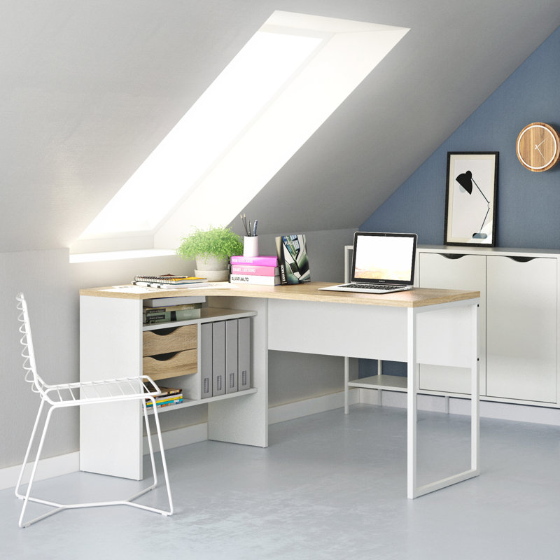 Gouge L-Shaped Computer Desk, Oak/White