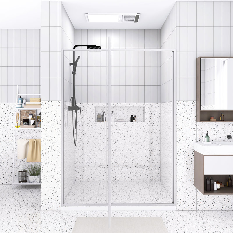 Porte de douche à pivot 50 x 54 po x H 74 po | Ouvert à l'extérieur | Arrêt à 105 degrés | Verre trempé 5/16 po | Nickel brossé