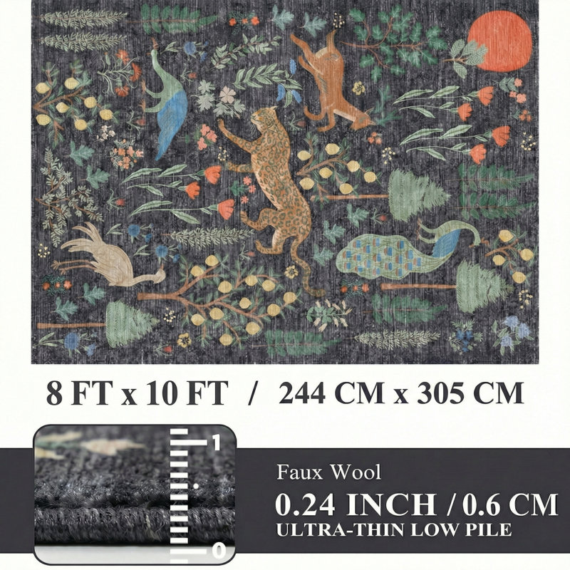 Jungle Botanical Animal Print Machine Washable Area Rug, Rectangle 8' x 10', Black
