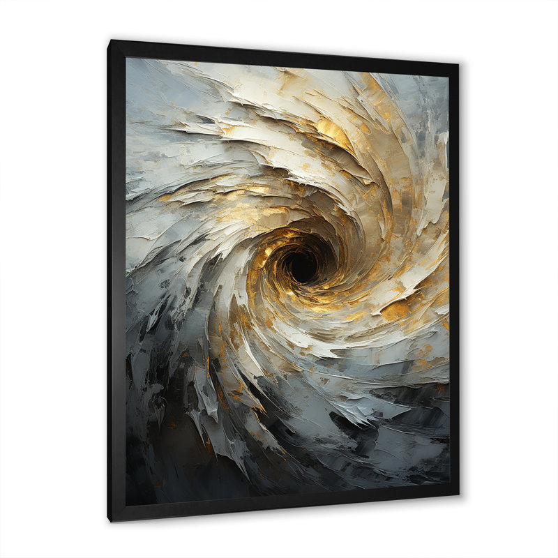 Collage abstrait en spirale or et blanc, Cadre simple noir, H 32 po x l 16 po x P 1 po