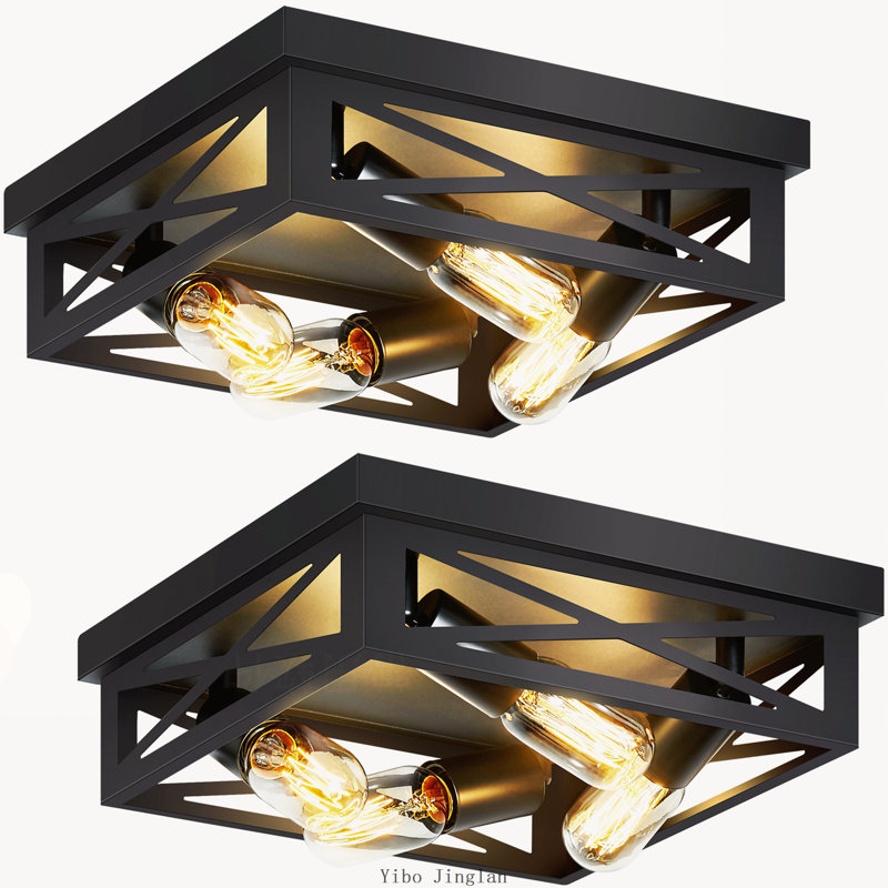Lot de 2 plafonniers carrés encastrés de style ferme, noir mat, 4 lumières, structure géométrique en fer