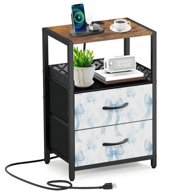 Table de chevet à 2 tiroirs en tissu avec station de charge Table de chevet sans couture à ruban bleu rétro avec porte ouverte et ports USB