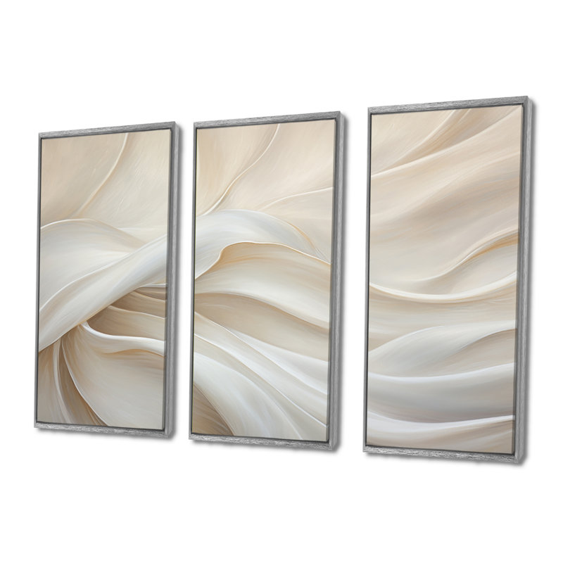 White Silk Fabric River - Fashion Canvas Wall Art Set, 28" H x 36" W, Silver Floater Framed
