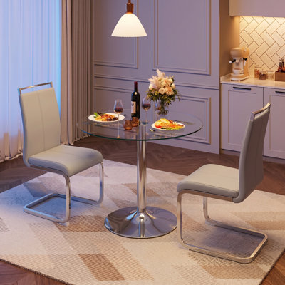 Modern Contemporary Round Dining Set with Tempered Glass Table and Faux Leather Cantilever Chairs