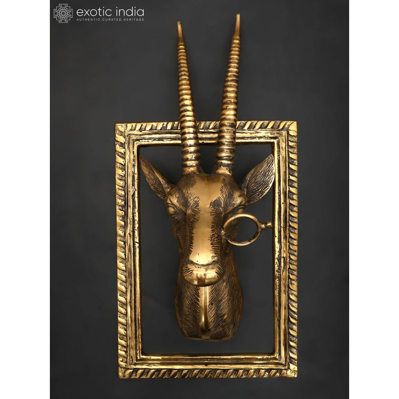  Décoration murale tête de cerf en laiton 23 po avec cadre, fixation murale animal rustique