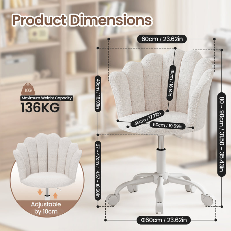 Office Chair, Adjustable Height Swivel Chair, Chenille Vanity Chair, Comfy Padded Computer Desk Chair For Office, Study, Bedroom