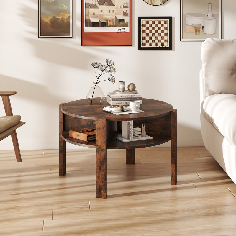 Round Coffee Table with 4 Side Compartments 2-Tier Circle Coffee Table, Rustic Brown