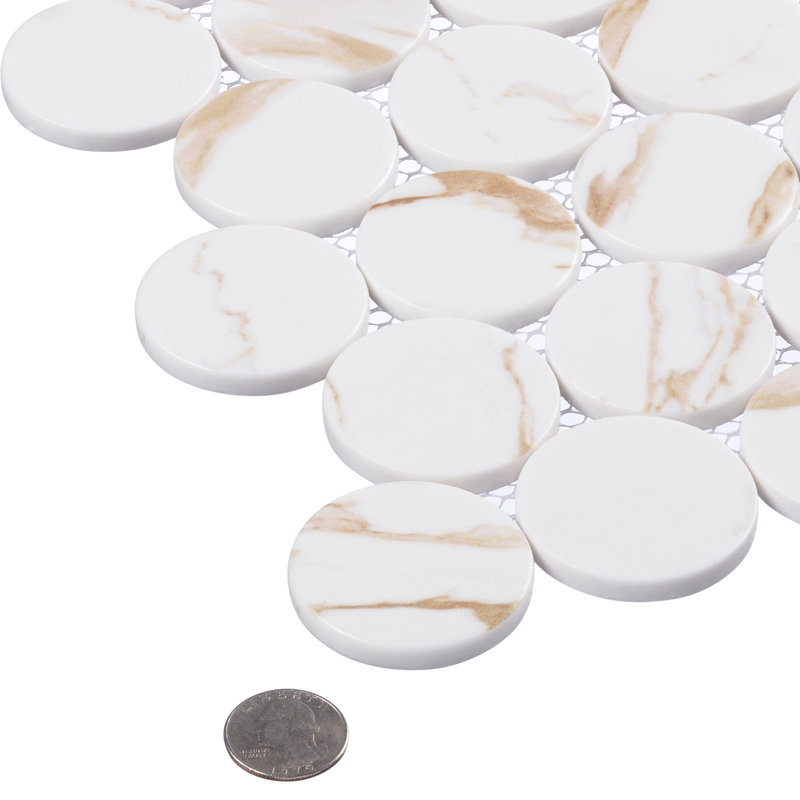 Ispara Dotun Beige 2-in Penny Round Marble Look Matte Glass Wall & Floor Mosiac Tile, Beige
