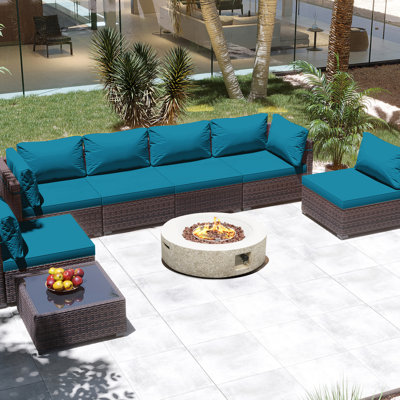Ensemble de conversation de patio en rotin 8 pièces avec coussins et table de foyer d'extérieur de 42 pouces
