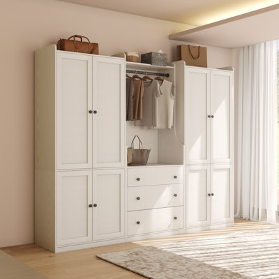 Contemporary Freestanding Wardrobe Armoire With Curved Side Panels, Hanging Rod & 3 Drawers