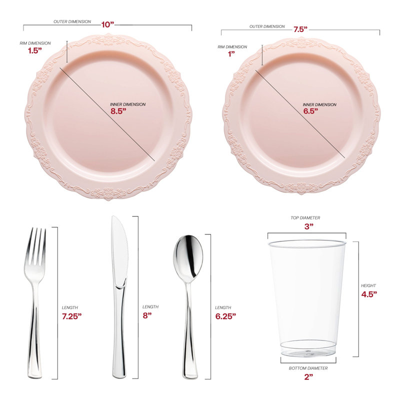 Ensemble de 30 pièces en plastique jetable rond rose vintage pour mariage