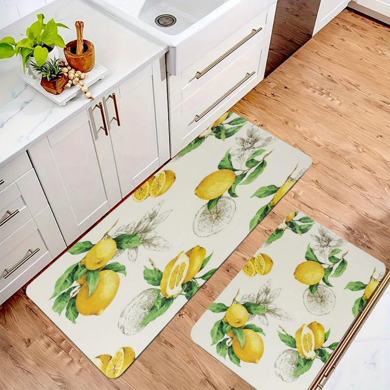Beige Sketch Watercolor Lemon Kitchen Mats,2 PC,For Kitchen & Bedroom