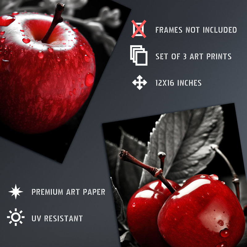 Red Apple Raspberry Cherry On Black White Kitchen Artwork - 3 Piece No Frame Print Set, 40.5cm H x 30.5cm W x 0.3cm D