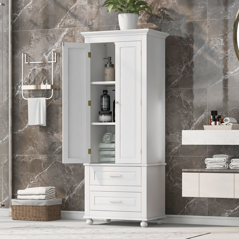Armoire à linge autoportante avec deux tiroirs Rhasaan, Blanc