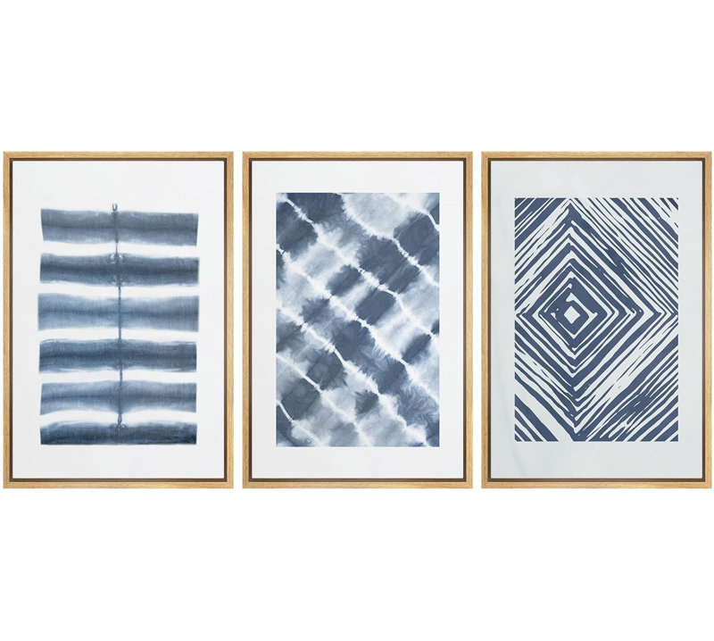 Blue Line Art and Diamond Illusion Collage Abstract Patterns Modern Art Mid-Century Modern, Cadre naturel flottant
