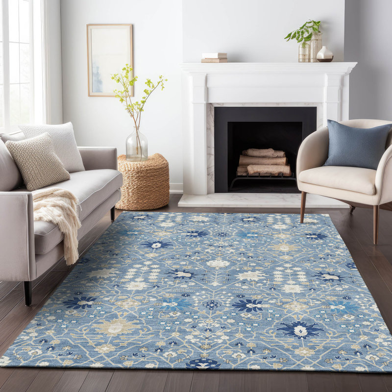 Blue and Beige Flat Woven Rectangular Synthetic Rug