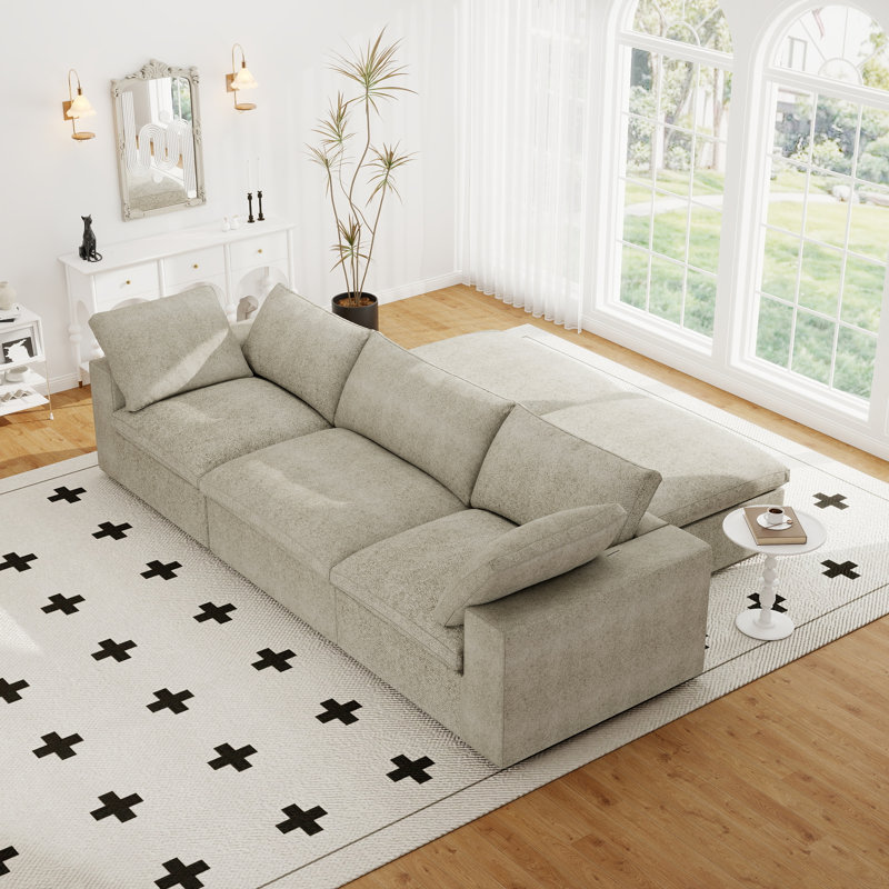 Kenda 5-Piece Upholstered Modern Linen Slipcovered Sectional With Storage Ottoman, Khaki Linen