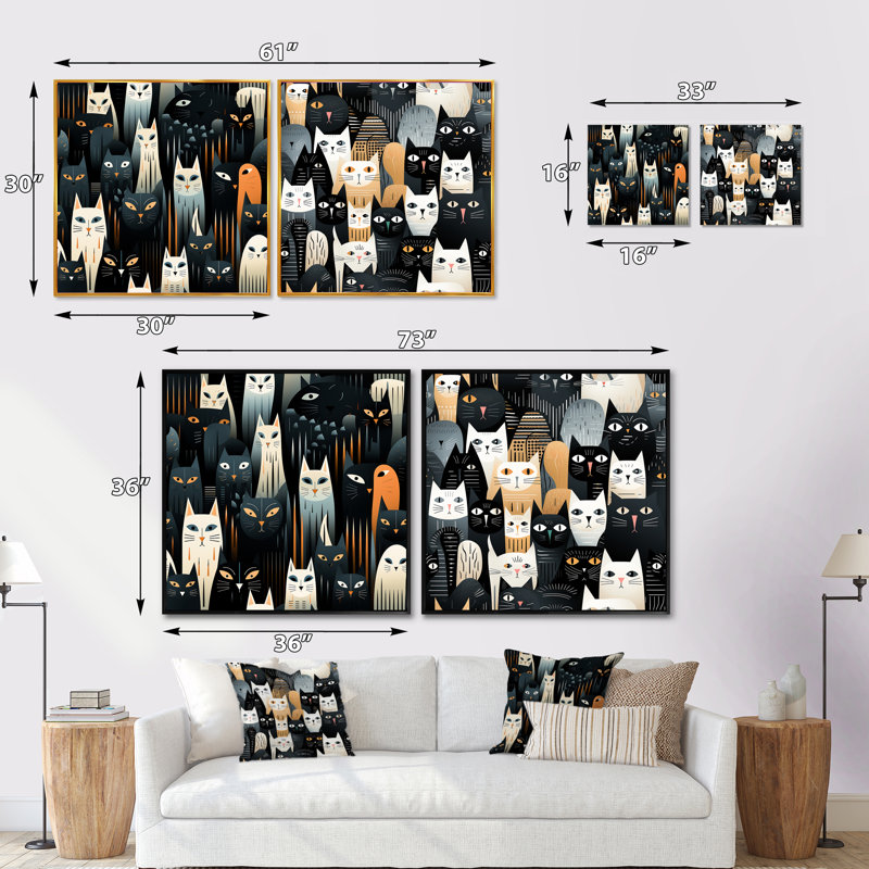 Motif abstrait de chats noirs et blancs - animaux, ensemble de 2 collages carrés, Cadre flottant noir, H 16 po x l 33 po