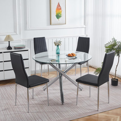 1+4,5Pieces Dining Set, Table Metal Leg Mid-Century Dining Table For 4-6 People With Glass Table Top, Pedestal Dining Table, End Table Leisure Coffee Table