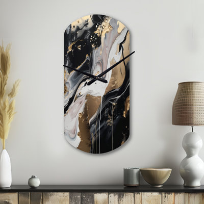 Back And Gold Marble Medley III - Marble Asymmetrical Metal Wall Clock, Black Cylinder Clock Print