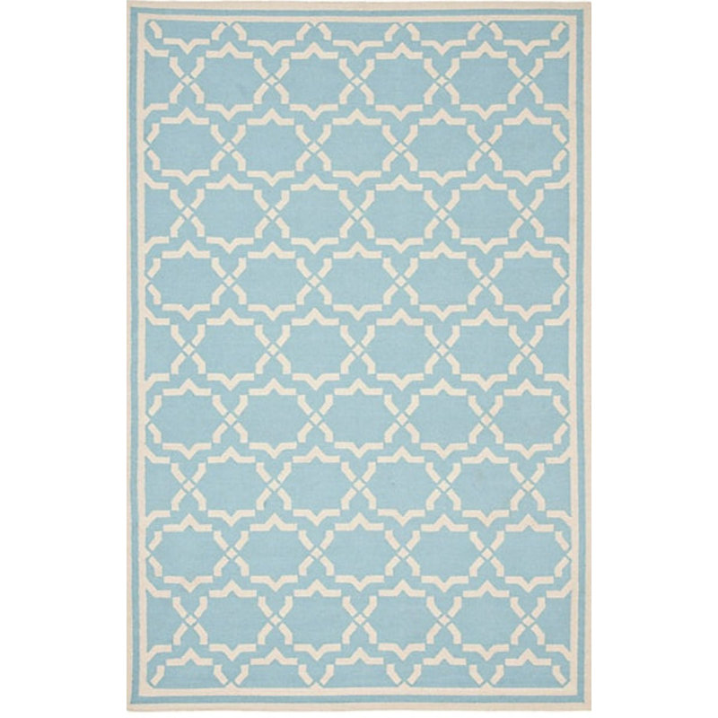 Tapis bleu clair / beige en laine tissé à la main Sahara, Rectangle de 10 pi x 14 pi