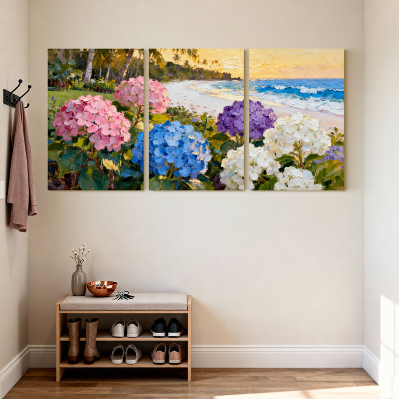 Fleurs d'hortensia, plage, coucher de soleil, reproduction d'art sur toile tendue sur toile, ensemble de 3, H 36 po x l 72 po