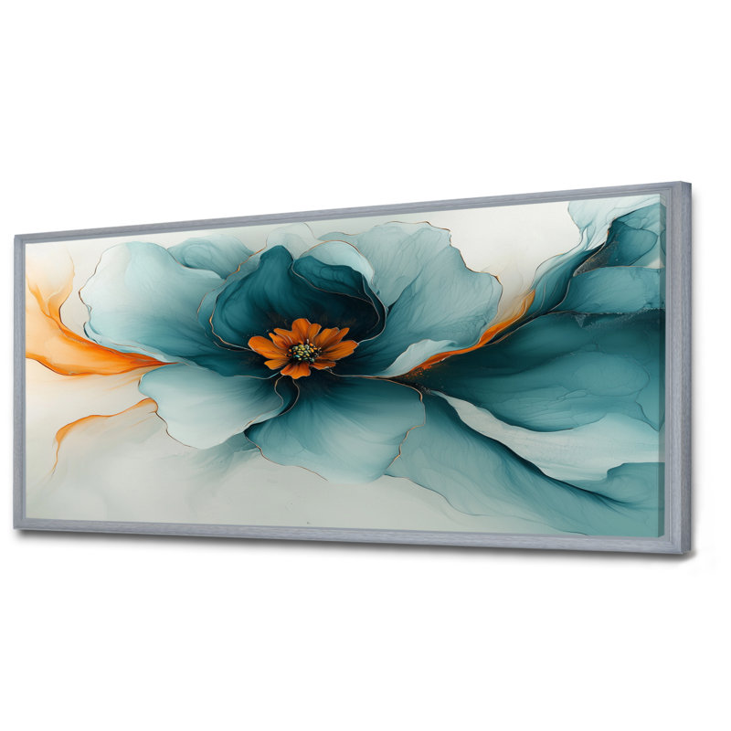 Abstrait doré renoncule doré et turquoise II - Renoncule grand, art mural, H 28 po x l 60 po, Argent argent