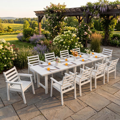 12-Piece Outdoor Dining Set, All-Weather HDPE Patio Furniture, Two 66.5" Slatted Table with 1.6" Umbrella Hole & 10 Ergonomic Armchairs, Heavy Duty 350lbs Capacity, UV Resistant, White