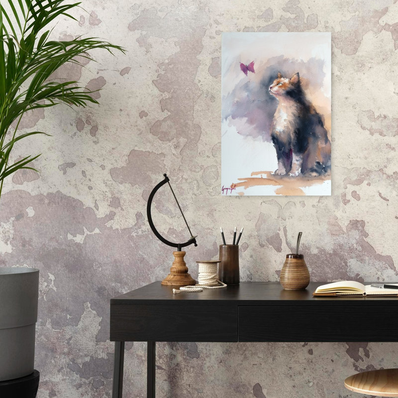 «Curious Cat and Butterfly Playful Contemporary Butterfly Cat Nature Portrait», reproduction d'art mural, 24" H x 16" W