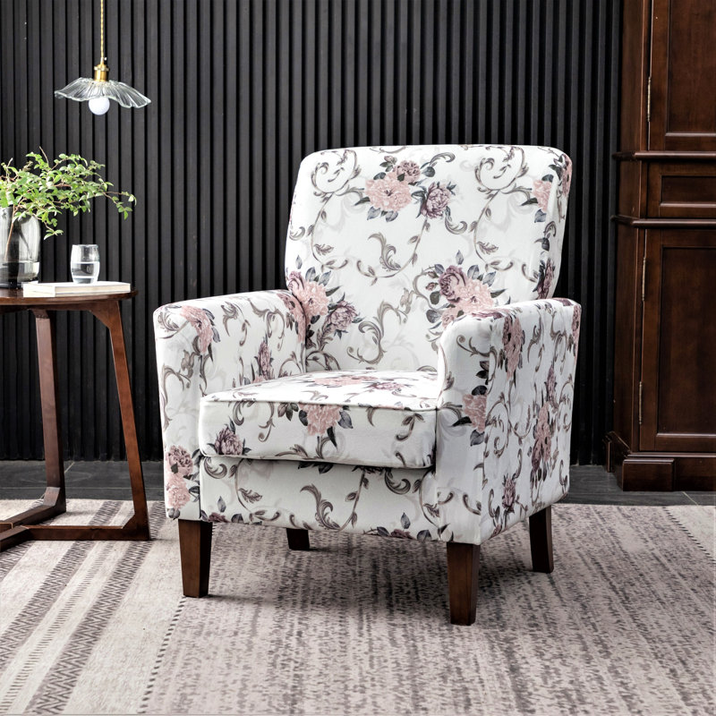 Fauteuil à motifs en mélange de polyester, structure en bois de bouleau massif avec pieds fuselés bruns, chaise d'appoint rembourrée de mousse avec garniture pour le bureau du salon