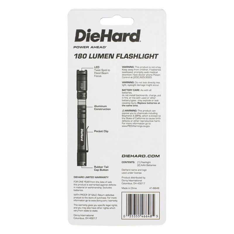 DieHard® LED 180-Lumen Impact/Water-Resistant Aluminum Flashlight, 41-6648