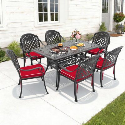 58.27"L Rectangle Cast Aluminum Patio Dining Table with Umbrella Hole & 6 Stackable Chairs with Red Cushions(7-Piece)