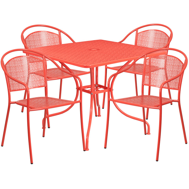 Chanea 35.5" Square Commercial Grade Steel Patio Table with 4 Round Back Chairs by Flash Furniture, Coral