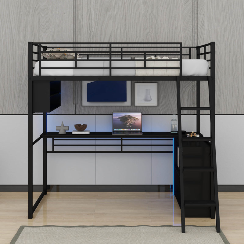 Lit mezzanine double en métal avec DEL, bureau et tablettes, Lit simple