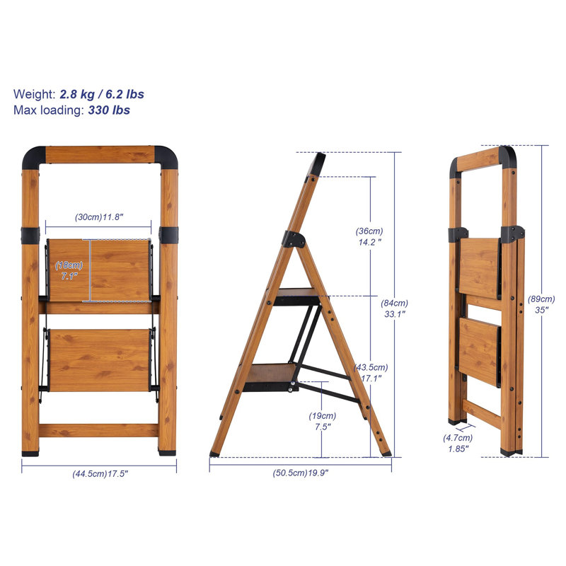 Step Ladder 2-Step Aluminum Folding Ladders, Woodgrain