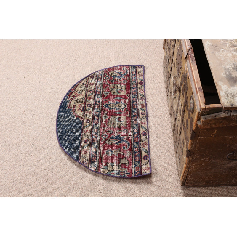 Red Round Wool Turkish Rug With Vintage Oushak Design Ideal as Door Mat or Gift For Him