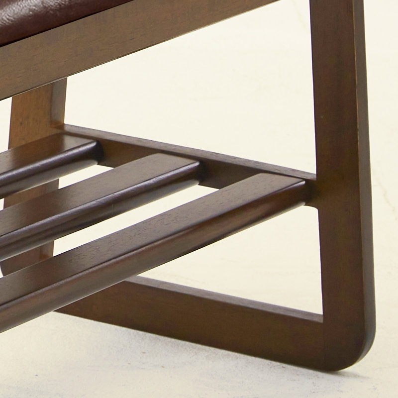  Banc de rangement en bois massif avec coussin et banc de rangement pour hall d'entrée à 2 niveaux, Brown/Faux Leather