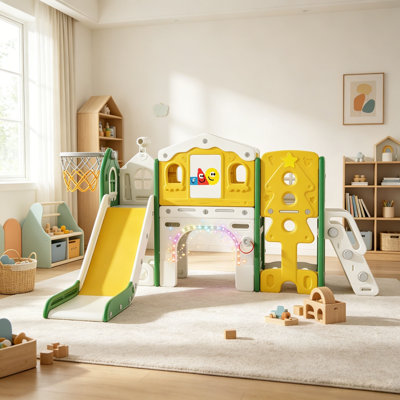 Ensemble de jeu de glissade pour tout-petits 10-en-1 avec lumières, aire de jeux intérieure et extérieure pour enfants, glissade pour bébé Hdpe avec panier de basketball, planche à dessin et tunnel pour les enfants de 1 à 3 ans