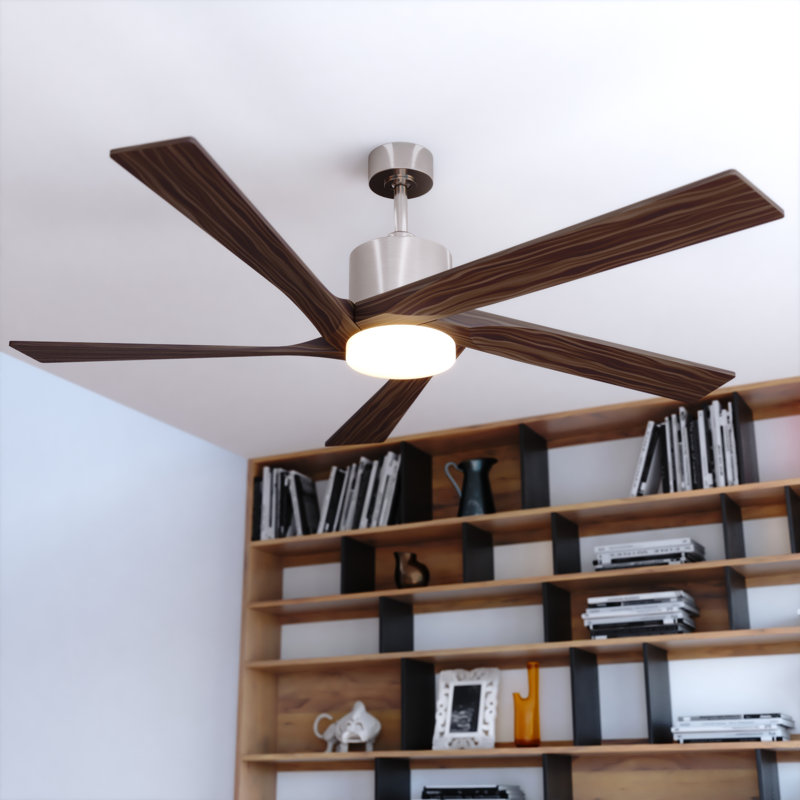 Wedgewood 60 in. Satin Nickel Indoor Rod Mount Contemporary Ceiling Fan with Natural Walnut Blades, Integrated LED Light Kit and Remote Control Included, 6 Speed Energy Efficient DC Motor
